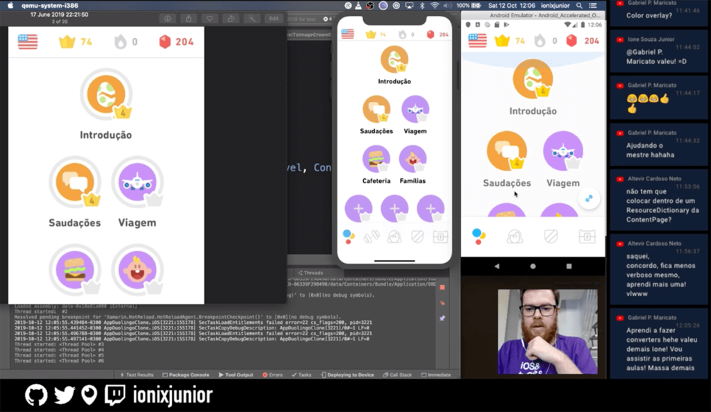 Part VII of the Duolingo app clone live stream with Xamarin.Forms. The image shows the partial result obtained from the implementation on Android and iOS and a screenshot of the original app for comparison.