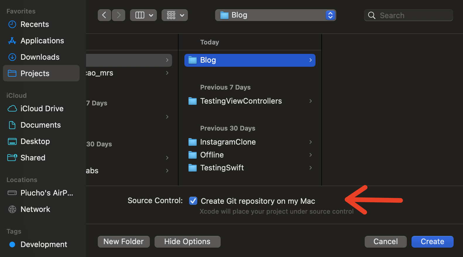 Xcode project creation with “Create Git repository on my Mac” option checked.