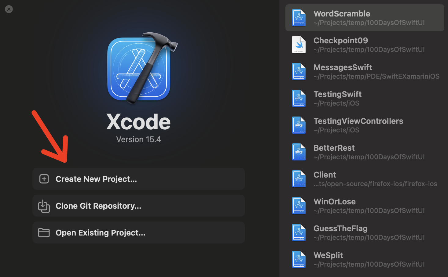 Xcode welcome screen with “Create New Project…” highlighted.