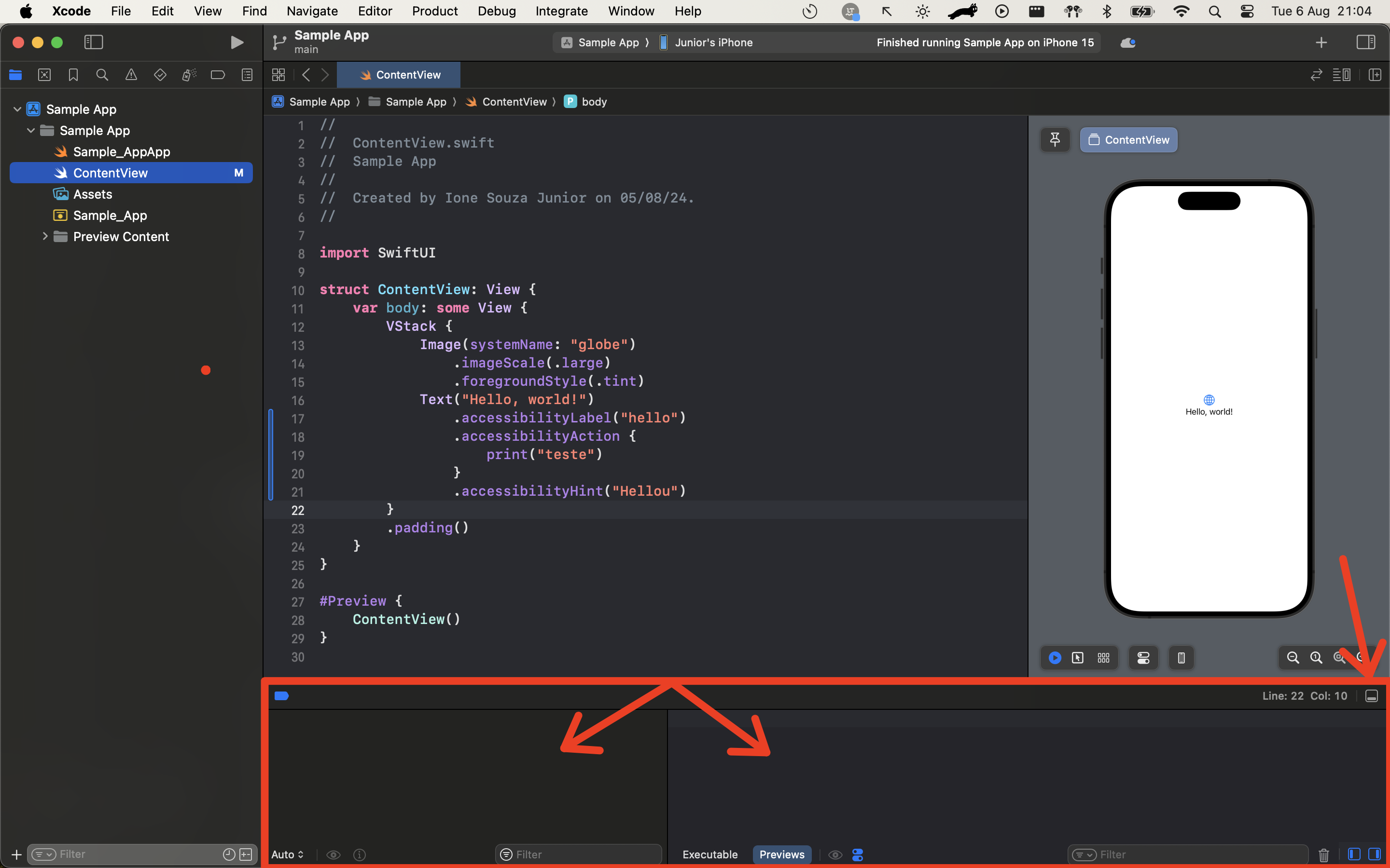 Xcode Debug Area that shows app information when it's running.