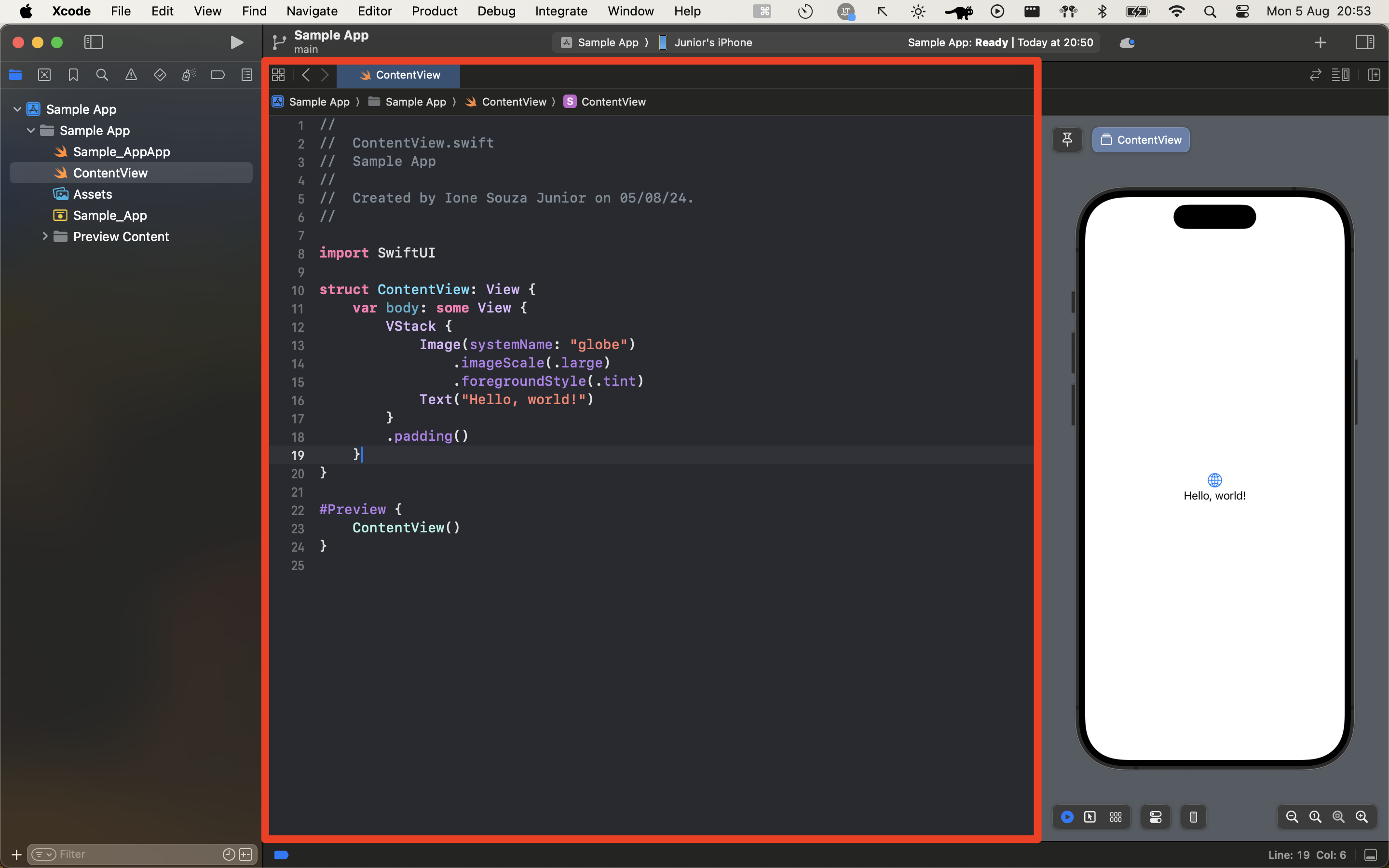 Xcode Editor Area highlighted, showing ContentView.swift code.