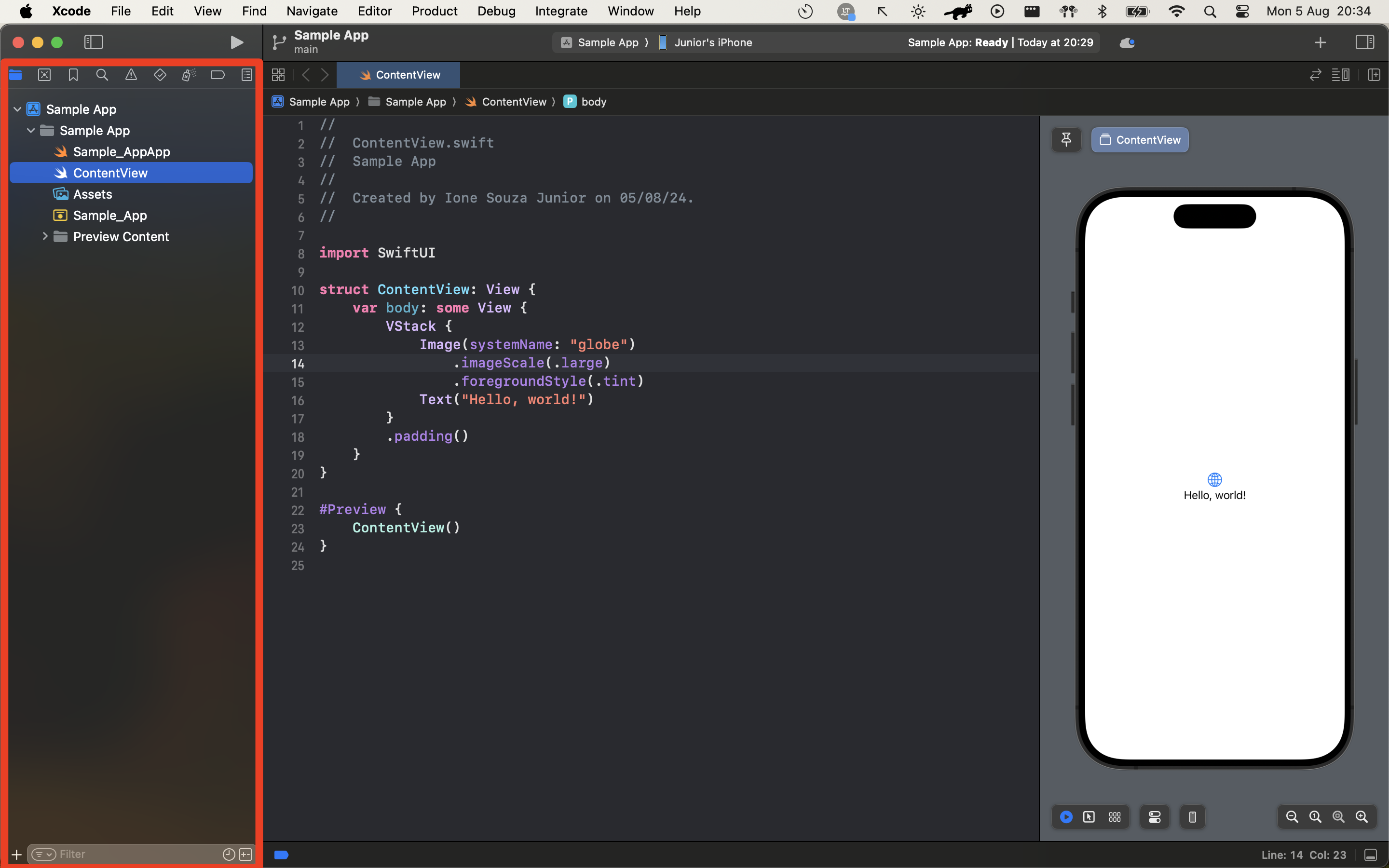 Xcode workspace with Project Navigator, ContentView.swift, and the Preview Canvas visible.