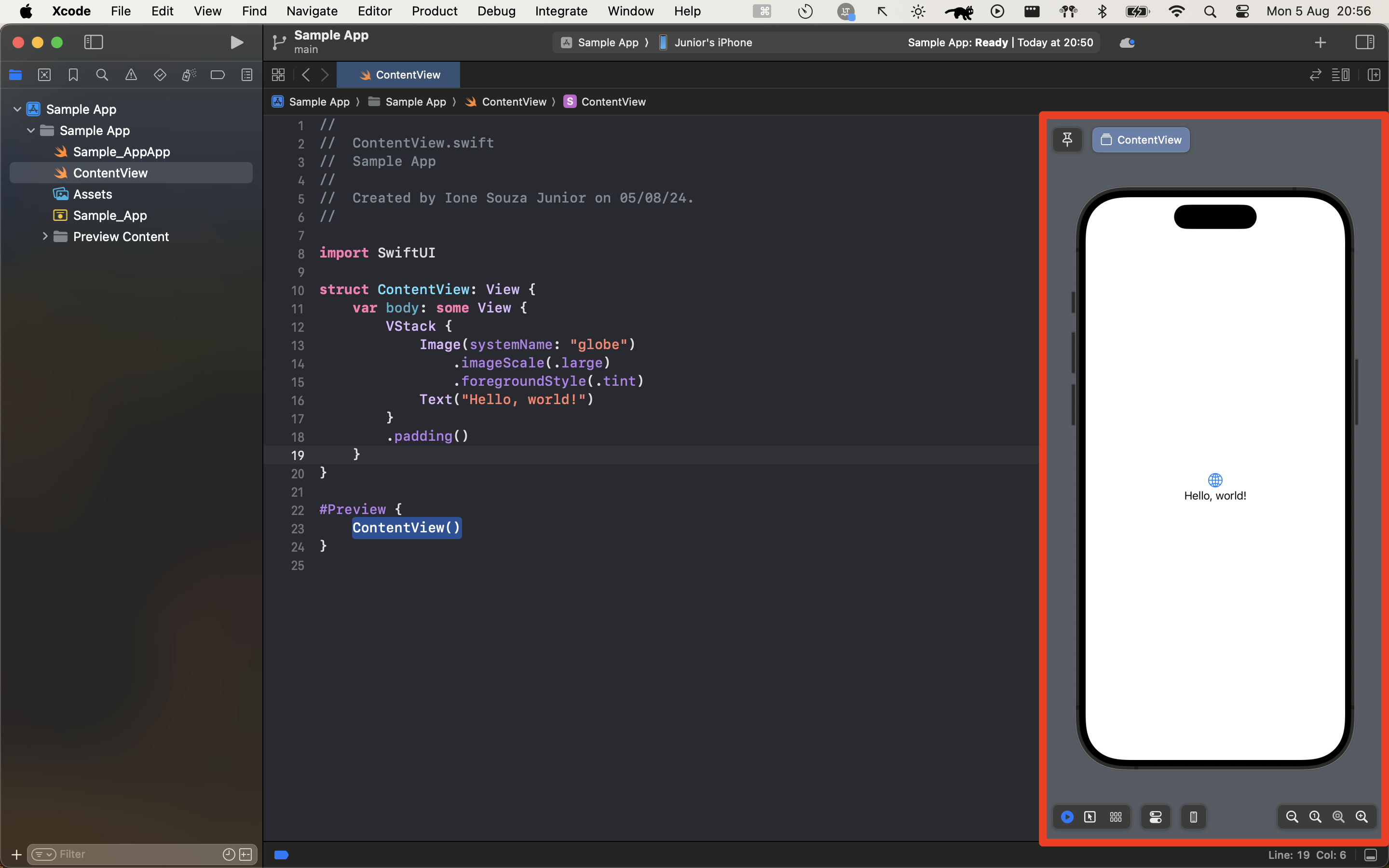 Xcode Preview Canvas highlighted, displaying a preview of the ContentView.