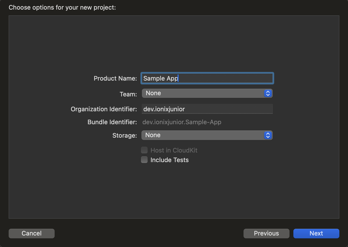 Xcode project options with “Product Name” field highlighted.