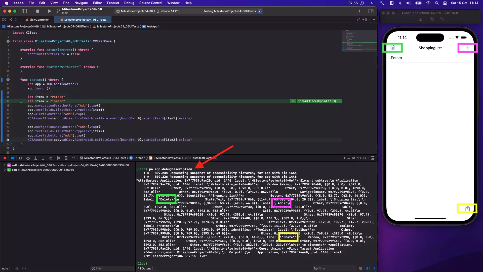 Xcode showing the UI elements on the screen in the output window.