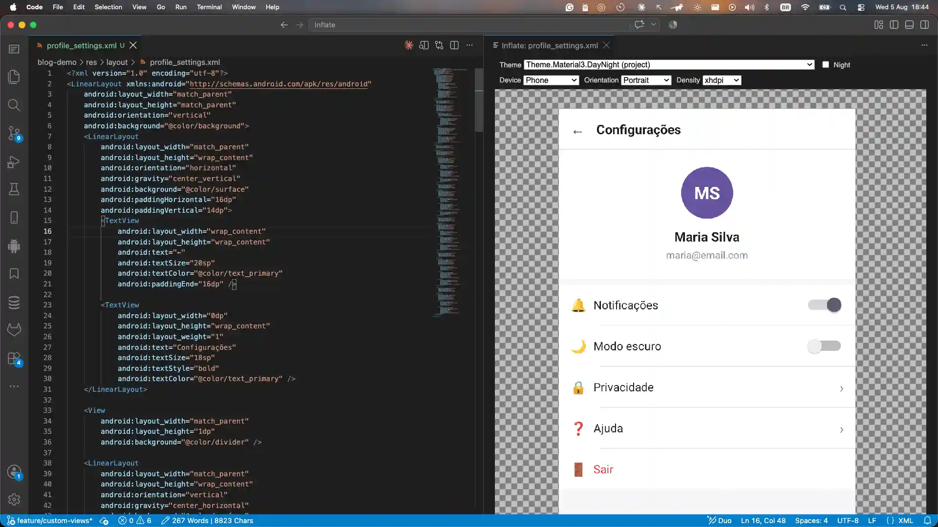 Um layout XML de um projeto .NET Android aberto no VS Code, com o painel do Inflate renderizando o layout ao lado do código.